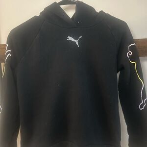 PUMA Kids Size L Black Pullover Hoodie Colorful Sleeve Graphic Sweatshirt Active